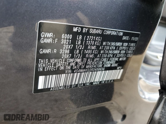 2024 Subaru Ascent Onyx Limited с VIN 4S4WMAKD2R3408656, выставлен на аукционе Copart как лот 66796304 с пробегом 12 337 миль миль и Списание • Salvage title. История ставок и продаж доступна на DreamBid. Изображение 16.