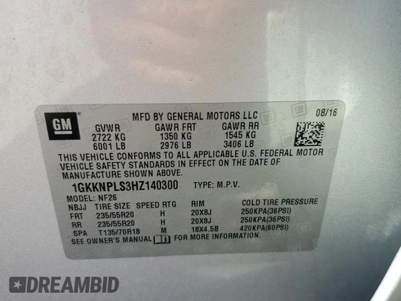 2017 GMC Acadia Denali with VIN 1GKKNPLS3HZ140300, listed as a Copart auction lot 56922725 with 137,626 mi miles and Salvage title. Bid and sale history available at DreamBid. Image 14.