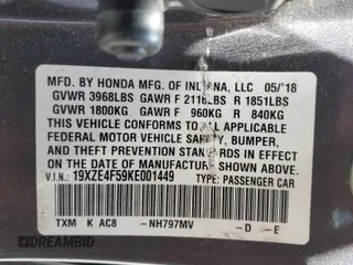 2019 Honda Insight EX with VIN 19XZE4F59KE001449, listed as a Copart auction lot 61997265 with 93,181 mi miles and Salvage title. Bid and sale history available at DreamBid. Image 12.