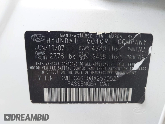 2008 Hyundai Azera Limited с VIN KMHFC46F08A257052, выставлен на аукционе IAAI как лот 42202806 с пробегом 92 976 миль миль и . История ставок и продаж доступна на DreamBid. Изображение 9.