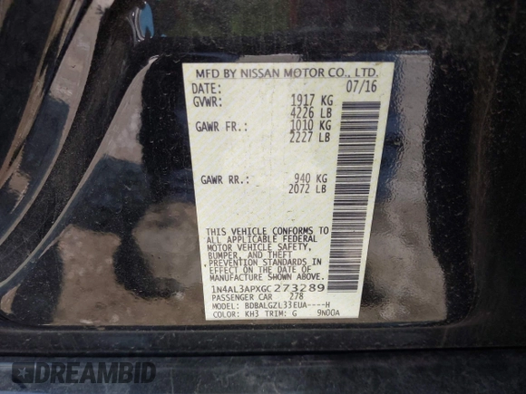 2016 Nissan Altima S with VIN 1N4AL3APXGC273289, listed as a IAAI auction lot 42455781 with 143,412 mi miles and . Bid and sale history available at DreamBid. Image 9.