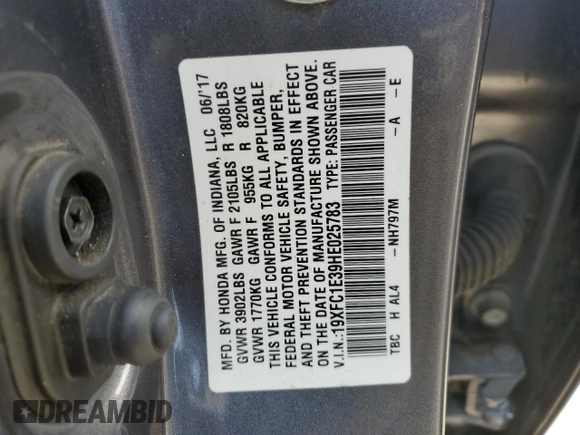 2017 Honda Civic EX-T with VIN 19XFC1E39HE025783, listed as a Copart auction lot 88150445 with 73,523 mi miles and Salvage Title. Bid and sale history available at DreamBid. Image 12.