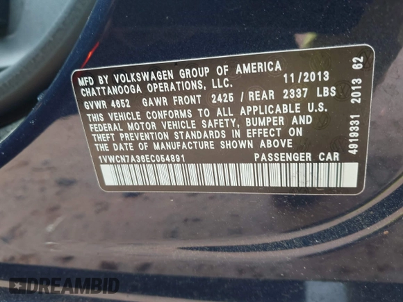2014 Volkswagen Passat TDI SEL Premium with VIN 1VWCN7A36EC054891, listed as a IAAI auction lot 41964556 with 120,658 mi miles. Bid and sale history available at carsss.com. Image 9.