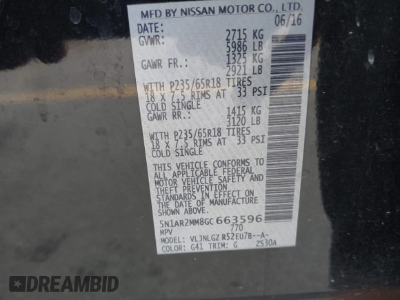 2016 Nissan Pathfinder Platinum with VIN 5N1AR2MM8GC663596, listed as a IAAI auction lot 42133436 with 164,133 mi miles and . Bid and sale history available at DreamBid. Image 9.