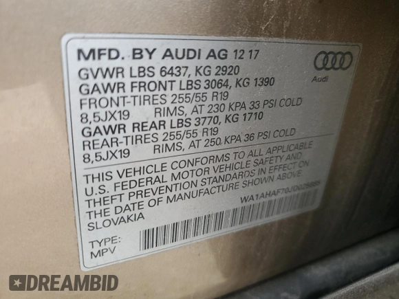 2018 Audi Q7 Premium with VIN WA1AHAF70JD025685, listed as a Copart auction lot 54544195 with 63,801 mi miles and Salvage title. Bid and sale history available at DreamBid. Image 14.