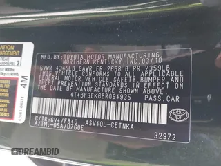 2011 Toyota Camry LE with VIN 4T4BF3EK6BR094935, listed as a IAAI auction lot 41281802 with 119,081 mi miles and . Bid and sale history available at DreamBid. Image 9.