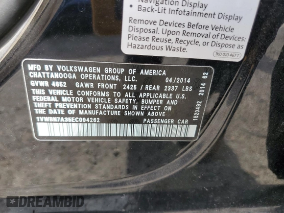 2014 Volkswagen Passat SE with VIN 1VWBN7A35EC094262, listed as a Copart auction lot 60287965 with 71,081 mi miles and Salvage title. Bid and sale history available at DreamBid. Image 12.