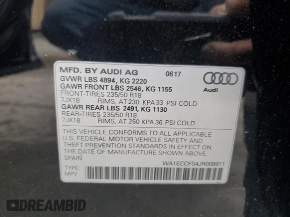 2018 Audi Q3 Premium with VIN WA1ECCFS4JR008911, listed as a Copart auction lot 51858065 with 102,091 mi miles and Salvage title. Bid and sale history available at DreamBid. Image 14.