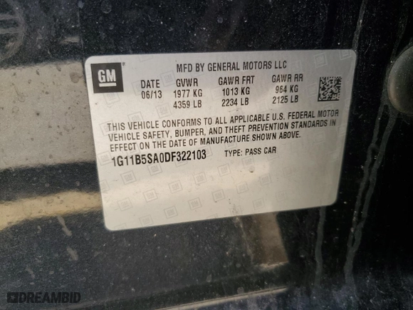 2013 Chevrolet Malibu LS with VIN 1G11B5SA0DF322103, listed as a Copart auction lot 42296114 with 130,531 mi miles and Salvage Title. Bid and sale history available at carsss.com. Image 14.