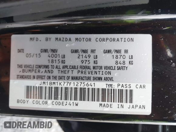 2015 Mazda 3 i Sport with VIN JM1BM1K77F1275641, listed as a IAAI auction lot 41582759 with 105,520 mi miles and . Bid and sale history available at DreamBid. Image 9.