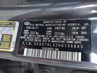 2017 Kia Optima LX with VIN 5XXGT4L32HG156845, listed as a IAAI auction lot 41402224 with 126,529 mi miles. Bid and sale history available at carsss.com. Image 9.
