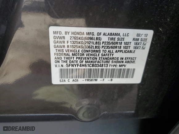 2012 Honda Pilot EX-L with VIN 5FNYF4H61CB034813, listed as a Copart auction lot 49635255 with 248,112 mi miles and Salvage Title. Bid and sale history available at carsss.com. Image 15.