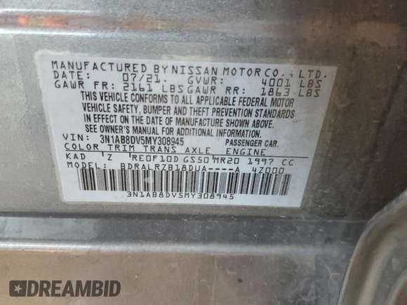 2021 Nissan Sentra SR with VIN 3N1AB8DV5MY308945, listed as a Copart auction lot 46345205 with 33,674 mi miles and Salvage Title. Bid and sale history available at DreamBid. Image 14.