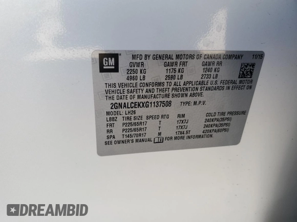 2016 Chevrolet Equinox LT with VIN 2GNALCEKXG1137508, listed as a Copart auction lot 49592905 with 71,289 mi miles and Salvage Title. Bid and sale history available at carsss.com. Image 13.