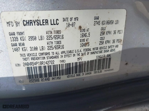 2008 Chrysler Town & Country Touring with VIN 2A8HR54P18R142722, listed as a IAAI auction lot 41708563 with NaN miles. Bid and sale history available at carsss.com. Image 9.