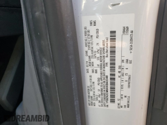 2019 Ford Transit Passenger XL with VIN 1FBZX2CM6KKB43348, listed as a Copart auction lot 87263154 with 172,146 mi miles and Salvage Title. Bid and sale history available at carsss.com. Image 13.