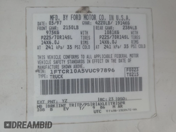 1997 Ford Ranger XLT with VIN 1FTCR10A5VUC97896, listed as a Copart auction lot 47389265 with 147,900 mi miles and Salvage Title. Bid and sale history available at DreamBid. Image 14.