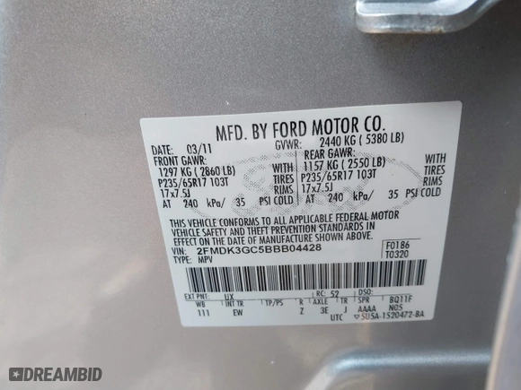2011 Ford Edge SE with VIN 2FMDK3GC5BBB04428, listed as a IAAI auction lot 41458391 with 137,919 mi miles. Bid and sale history available at carsss.com. Image 9.