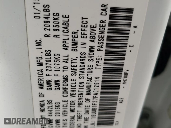 2015 Acura TLX with VIN 19UUB1F37FA012914, listed as a Copart auction lot 64904394 with 178,380 mi miles and Salvage Title. Bid and sale history available at carsss.com. Image 12.