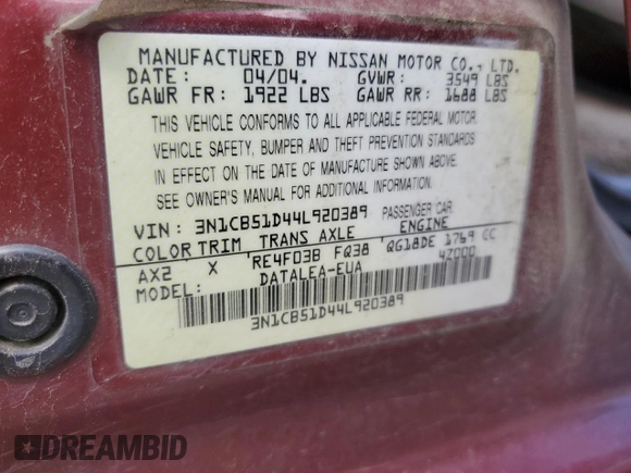 2004 Nissan Sentra S z VIN 3N1CB51D44L920389, wystawiony jako Copart lot #54788315 z przebiegiem 178 674 mil mil oraz Szkoda całkowita • Salvage title. Historia ofert i sprzedaży dostępna na DreamBid. Obrazek 12.