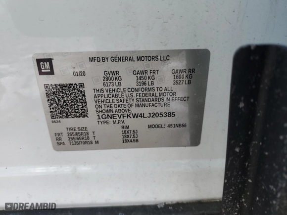 2020 Chevrolet Traverse LS with VIN 1GNEVFKW4LJ205385, listed as a Copart auction lot 45759515 with 85,442 mi miles and Salvage Title. Bid and sale history available at carsss.com. Image 15.