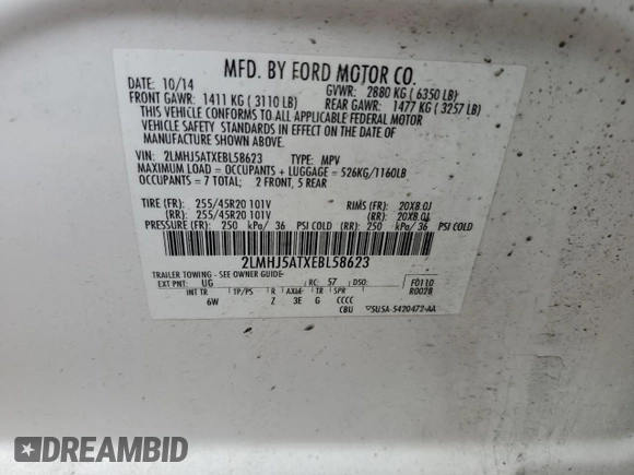 2014 Lincoln MKT EcoBoost with VIN 2LMHJ5ATXEBL58623, listed as a Copart auction lot 48222015 with 255,495 mi miles and Clean Title. Bid and sale history available at DreamBid. Image 13.