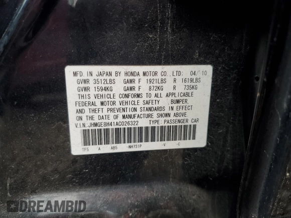 2010 Honda Fit Sport с VIN JHMGE8H41AC026322, выставлен на аукционе Copart как лот 57626035 с пробегом 173 731 миль миль и Списание • Salvage title. История ставок и продаж доступна на DreamBid. Изображение 12.