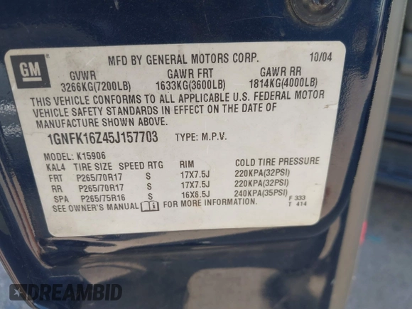 2005 Chevrolet Suburban LT with VIN 1GNFK16Z45J157703, listed as a IAAI auction lot 41840882 with 337,113 mi miles and . Bid and sale history available at DreamBid. Image 9.