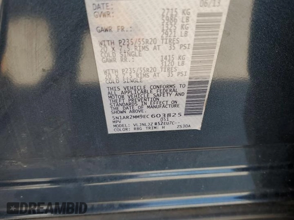 2014 Nissan Pathfinder S with VIN 5N1AR2MM9EC603825, listed as a Copart auction lot 54376525 with 229,783 mi miles and Salvage title. Bid and sale history available at DreamBid. Image 13.