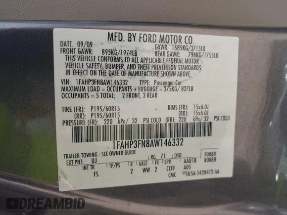 2010 Ford Focus SE with VIN 1FAHP3FN8AW146332, listed as a IAAI auction lot 42073844 with 218,198 mi miles and . Bid and sale history available at DreamBid. Image 9.