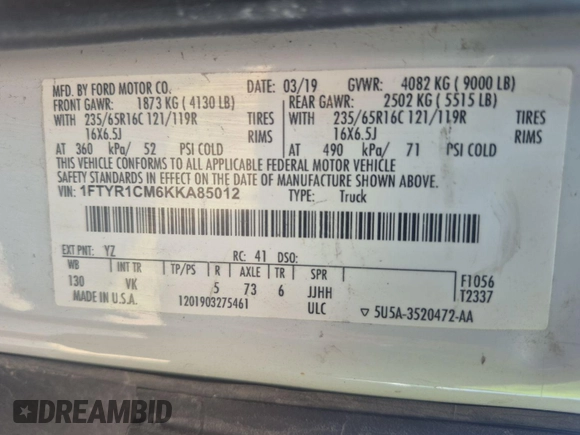 2019 Ford Transit with VIN 1FTYR1CM6KKA85012, listed as a IAAI auction lot 42898811 with 246,228 mi miles and . Bid and sale history available at DreamBid. Image 12.