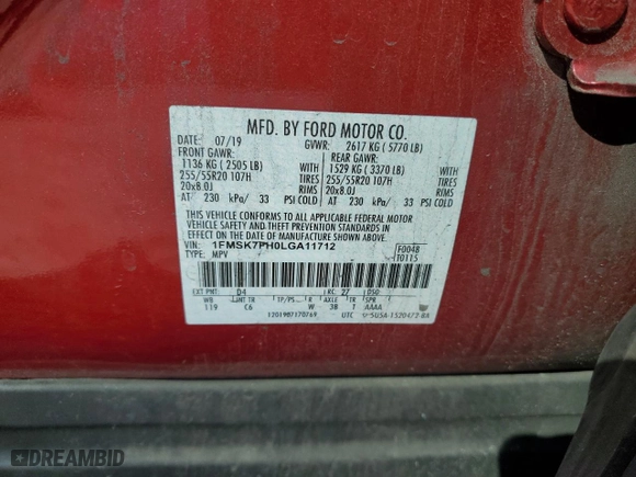 2020 Ford Explorer Limited with VIN 1FMSK7FH0LGA11712, listed as a Copart auction lot 50334395 with 103,121 mi miles and Salvage Title. Bid and sale history available at carsss.com. Image 13.