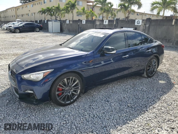2022 Infiniti Q50 Red Sport 400 with VIN JN1FV7DP4NM370267, listed as a Copart auction lot 45451545 with 46,313 mi miles and Salvage Title. Bid and sale history available at DreamBid. Image 1.