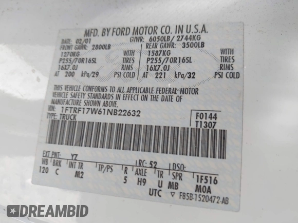 2001 Ford F-150 XL z VIN 1FTRF17W61NB22632, wystawiony jako IAAI lot #41824156 z przebiegiem Nie podano mil oraz . Historia ofert i sprzedaży dostępna na DreamBid. Obrazek 9.