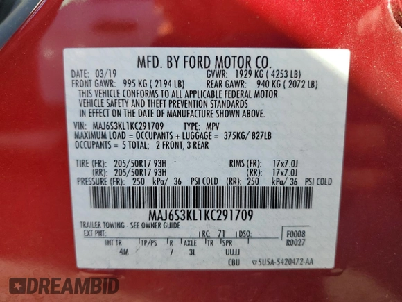2019 Ford EcoSport Titanium with VIN MAJ6S3KL1KC291709, listed as a Copart auction lot 46219465 with 42,724 mi miles and Salvage Title. Bid and sale history available at DreamBid. Image 14.