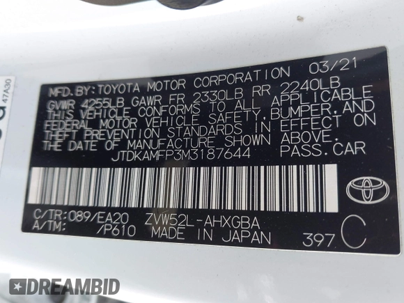 2021 Toyota Prius LE z VIN JTDKAMFP3M3187644, wystawiony jako IAAI lot #42443171 z przebiegiem 126 977 mil mil oraz . Historia ofert i sprzedaży dostępna na DreamBid. Obrazek 9.
