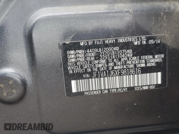 2015 Subaru WRX Limited with VIN JF1VA1J6XF9818616, listed as a Copart auction lot 46409565 with 154,683 mi miles and Salvage Title. Bid and sale history available at carsss.com. Image 13.