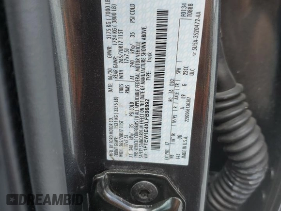 2020 Ford F-150 XL with VIN 1FTEW1E4XLFB96892, listed as a Copart auction lot 59412395 with 47,473 mi miles and Salvage title. Bid and sale history available at DreamBid. Image 13.