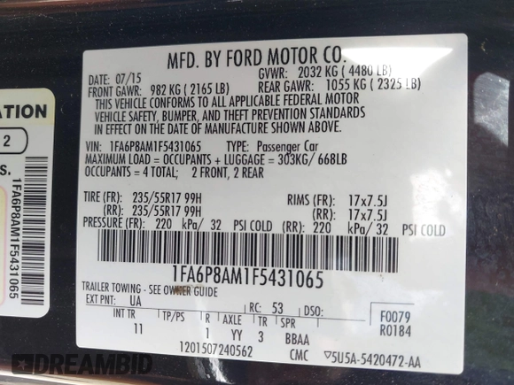 2015 Ford Mustang V6 with VIN 1FA6P8AM1F5431065, listed as a IAAI auction lot 42352535 with 110,274 mi miles and . Bid and sale history available at DreamBid. Image 9.