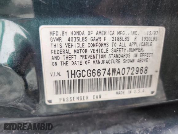 1998 Honda Accord EX z VIN 1HGCG6674WA072968, wystawiony jako Copart lot #58335875 z przebiegiem 85 743 mil mil oraz Szkoda całkowita • Salvage title. Historia ofert i sprzedaży dostępna na DreamBid. Obrazek 12.