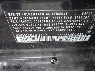 2010 Volkswagen Golf with VIN WVWDB7AJ3AW427411, listed as a IAAI auction lot 41849440 with 62,093 mi miles. Bid and sale history available at carsss.com. Image 9.