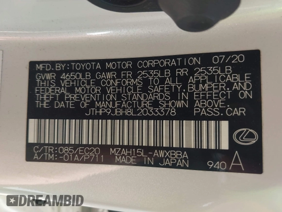 2020 Lexus UX 250h z VIN JTHP9JBH8L2033378, wystawiony jako IAAI lot #42238559 z przebiegiem 49 150 mil mil oraz . Historia ofert i sprzedaży dostępna na DreamBid. Obrazek 9.