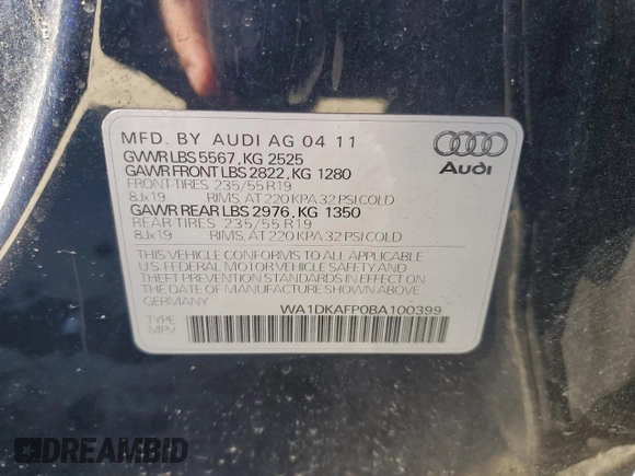 2011 Audi Q5 3.2L Premium Plus with VIN WA1DKAFP0BA100399, listed as a Copart auction lot 43693355 with 0 mi miles and Salvage Title. Bid and sale history available at carsss.com. Image 13.