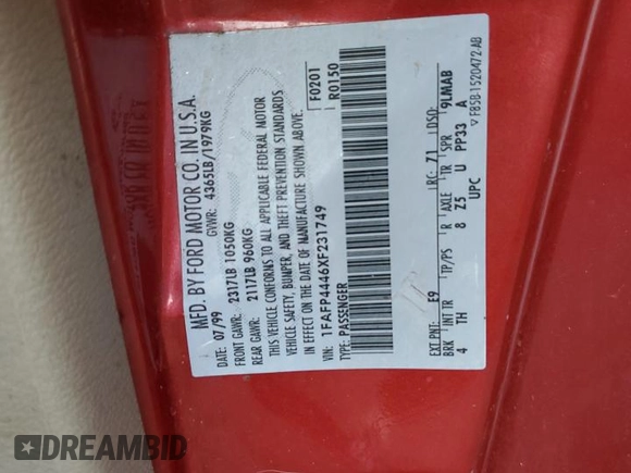 1999 Ford Mustang with VIN 1FAFP4446XF231749, listed as a Copart auction lot 73981604 with Not provided miles and Clean title. Bid and sale history available at DreamBid. Image 12.