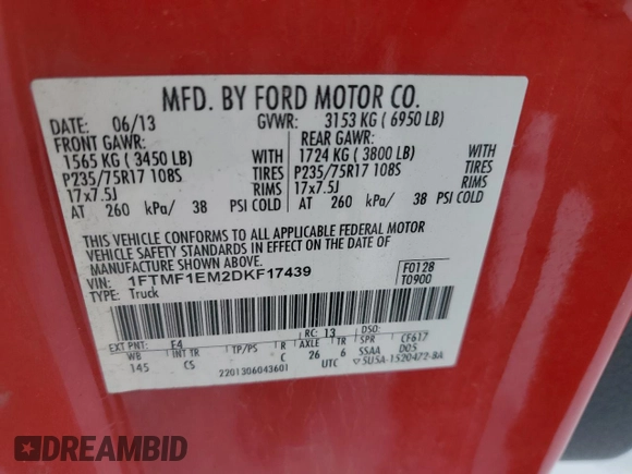 2013 Ford F-150 XL with VIN 1FTMF1EM2DKF17439, listed as a Copart auction lot 43003035 with 190,410 mi miles and Clean title. Bid and sale history available at DreamBid. Image 12.