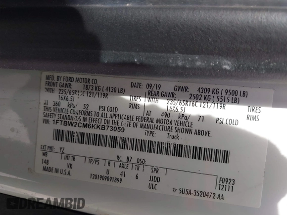 2019 Ford Transit with VIN 1FTBW2CM6KKB73059, listed as a IAAI auction lot 42143526 with 114,147 mi miles. Bid and sale history available at carsss.com. Image 9.