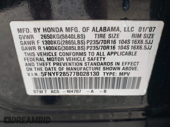2007 Honda Pilot EX-L with VIN 5FNYF28577B028130, listed as a IAAI auction lot 42434714 with 179,299 mi miles and . Bid and sale history available at DreamBid. Image 9.