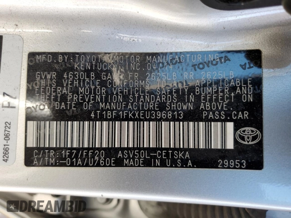 2014 Toyota Camry L with VIN 4T1BF1FKXEU396813, listed as a Copart auction lot 50265925 with 63,197 mi miles and Salvage Title. Bid and sale history available at carsss.com. Image 15.
