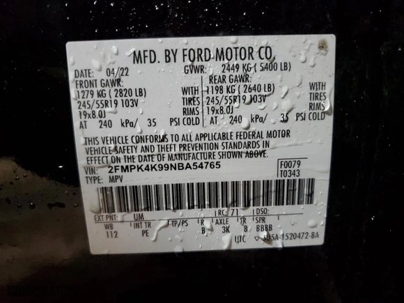 2022 Ford Edge Titanium with VIN 2FMPK4K99NBA54765, listed as a Copart auction lot 45870165 with 75,540 mi miles and Salvage Title. Bid and sale history available at carsss.com. Image 13.