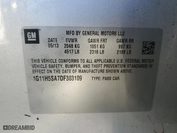 2013 Chevrolet Malibu LTZ with VIN 1G11H5SA7DF303109, listed as a Copart auction lot 42420305 with 204,200 mi miles and Salvage Title. Bid and sale history available at carsss.com. Image 12.
